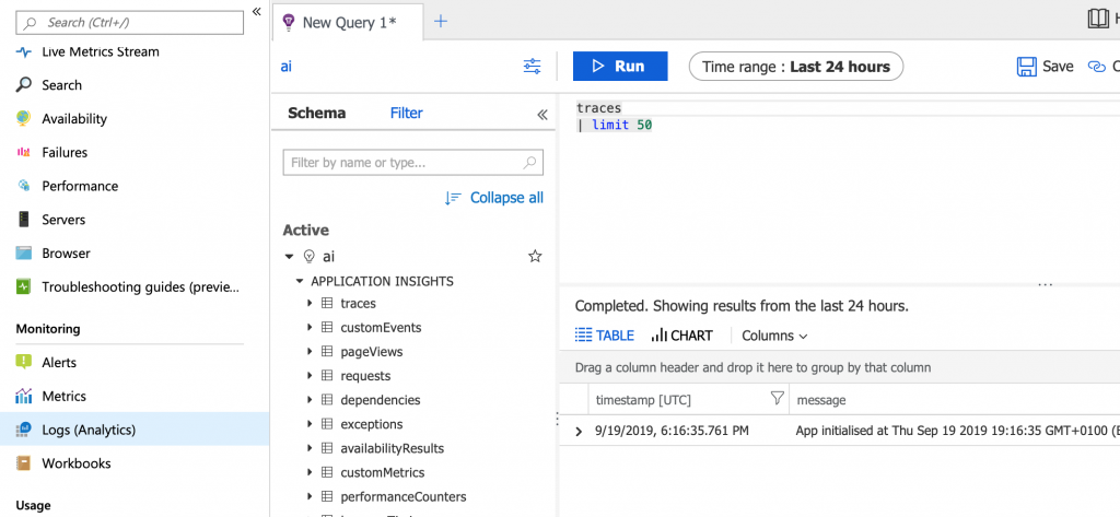 Azure App Insights Trace Logs